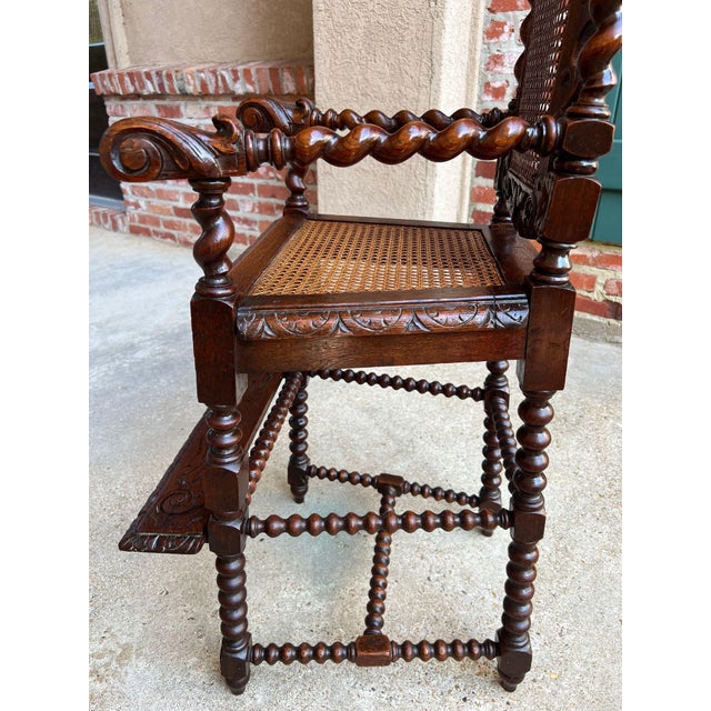 Antique French Child High Chair Renaissance Barley Twist Carved Oak Caned C1890 For Sale - Image 14 of 18