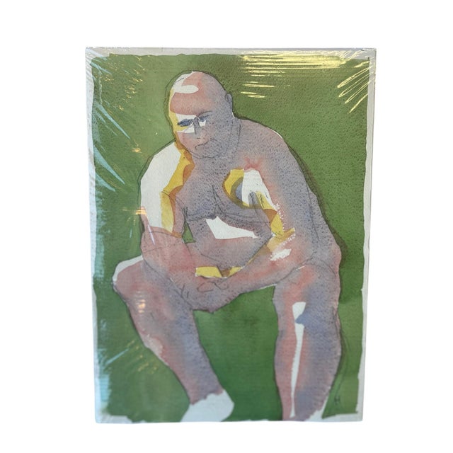 A striking watercolor on paper featuring an abstracted male figure in a rear-facing pose, painted in rich washes of...