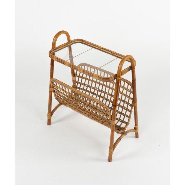 Mid-Century Bamboo, Rattan and Glass Side Table with Magazine Rack, Italy, 1960s For Sale - Image 10 of 18