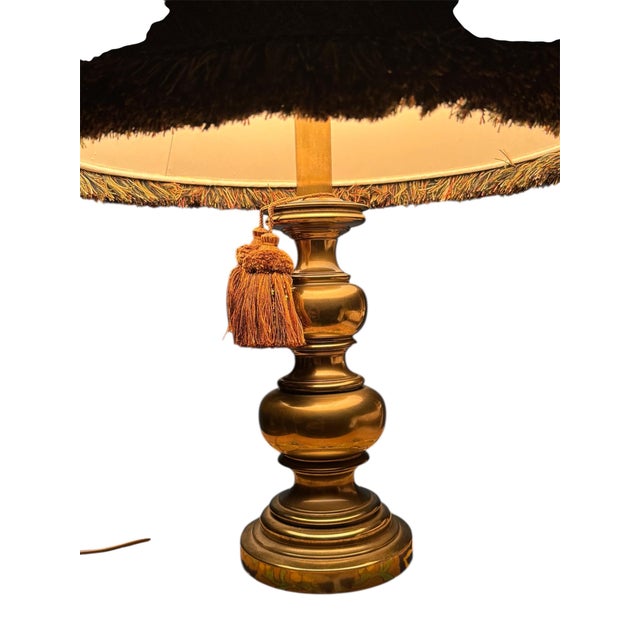 Brass 1970s Hollywood Regency Stiffel Solid Brass Urn Table Lamp With Fringed Shade For Sale - Image 8 of 15
