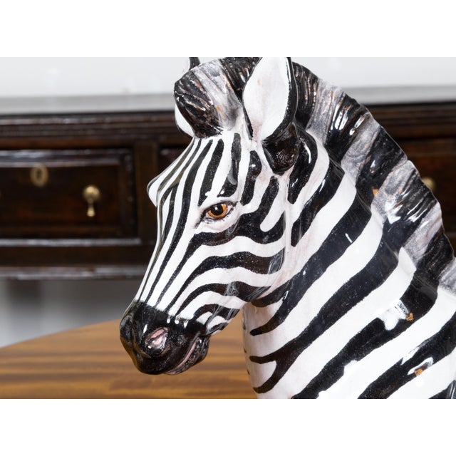 Mid 20th Century Italian Painted Terracotta Statue of a Brown Eyed Zebra Resting on the Ground For Sale - Image 9 of 9