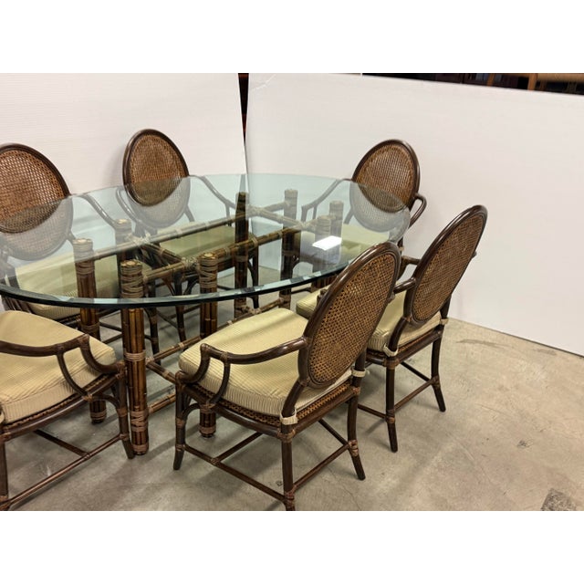 McGuire Furniture Oval Glass Top Dining Table + Six Double Cane Back Dining Armchairs, Vintage Set For Sale In San Francisco - Image 6 of 15