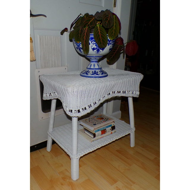 Vintage White Draped Wicker Rattan Sculpted Beaded Coffee Table Plant Stand For Sale - Image 15 of 18