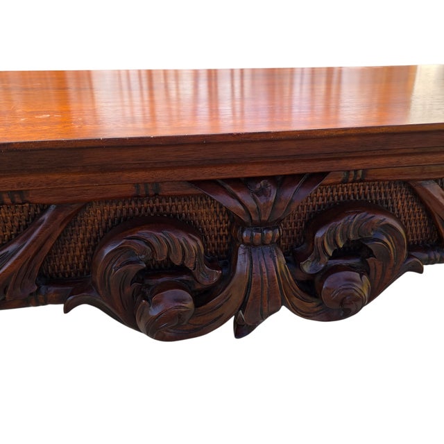 1990s Ethan Allen Mahogany Carved French Regency Sofa Hall Table Console Woven Cane For Sale - Image 15 of 18