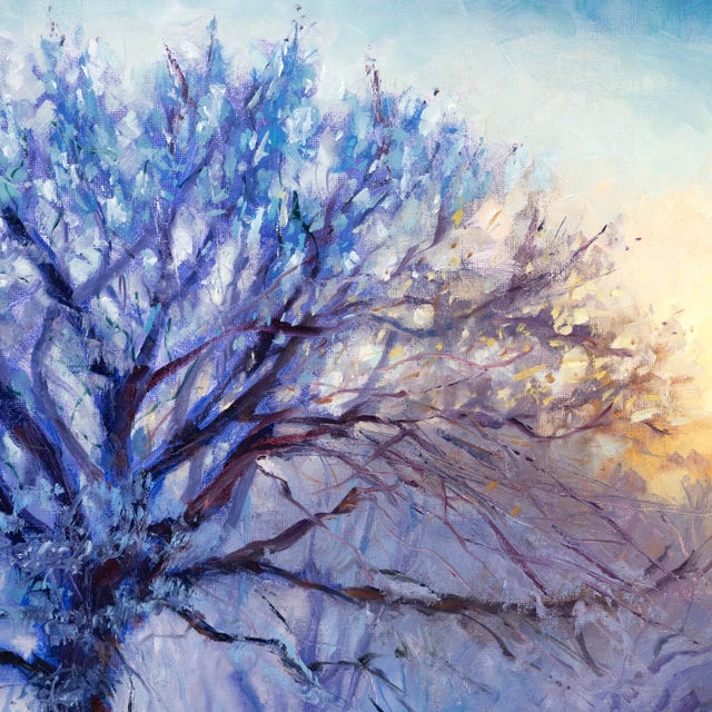 Icy Morning Light by Christopher Clark | Oil on canvas Winter landscape with a frosted tree. For Sale - Image 4 of 5