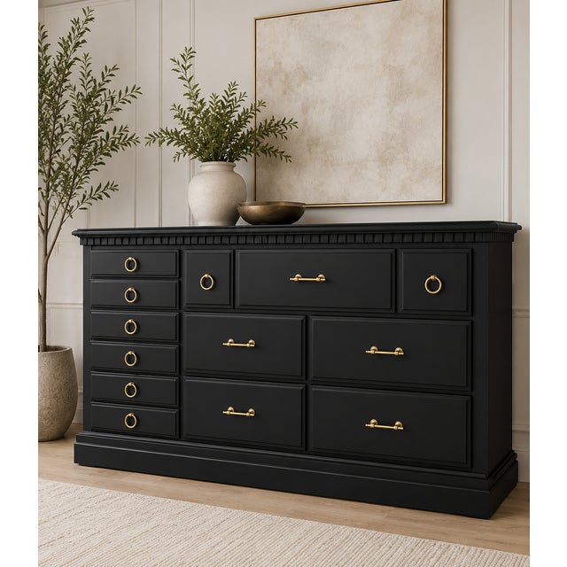 This beautifully refinished dresser blends timeless craftsmanship with modern luxury. The rich matte black finish is...