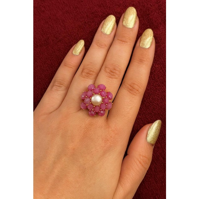 Bochic "Orient" Vintage Ruby & Pearl Ring Set In 18K Yellow Gold & Silver For Sale - Image 13 of 18