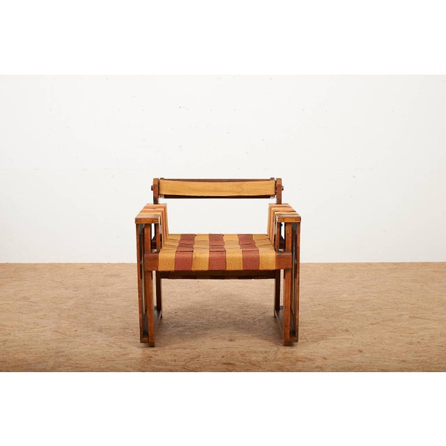 Viennese Armchair in Wooden Construction and Upholstered with Beige Red Linen Bands For Sale - Image 15 of 15