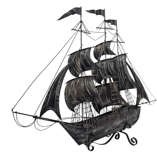Vintage Tin Metal Three-Masted Galleon / Clipper Ship Sculpture, 24" For Sale - Image 4 of 10