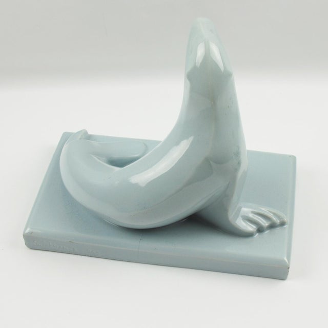 Saint Clement France Art Deco Cubist Blue Crackle Ceramic Seal Sculpture For Sale - Image 10 of 10