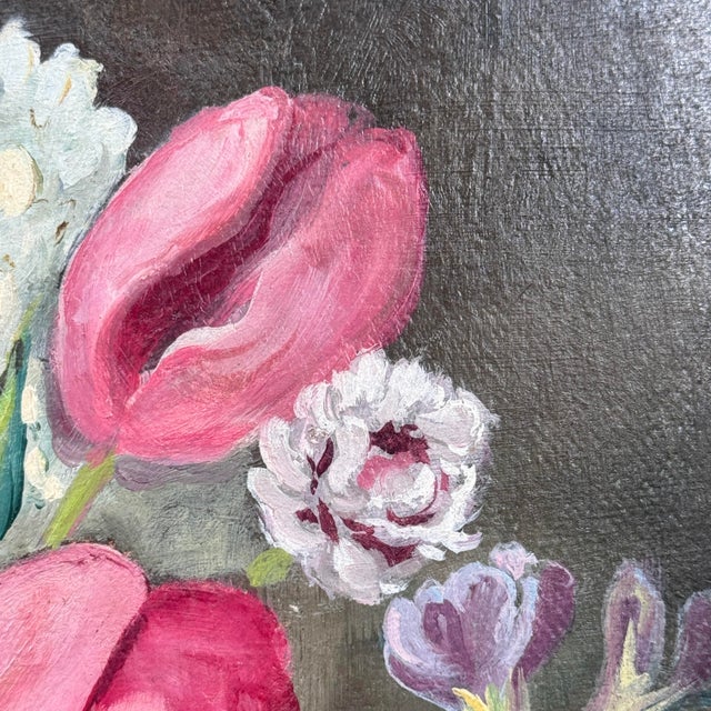 Vintage Dutch Floral Still Life Oil Painting on Board For Sale - Image 4 of 11