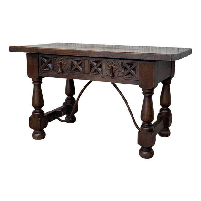 20th Century Spanish Carved Table with Iron Stretchers and Drawer For Sale