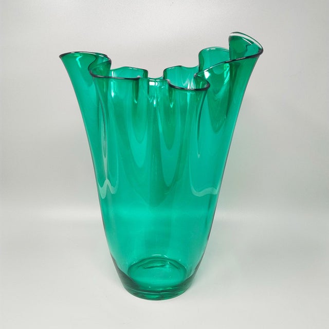 1970s Astonishing green fazzoletto vase by Michielotto in Murano glass. Made in Italy. The item is in excellent condition....
