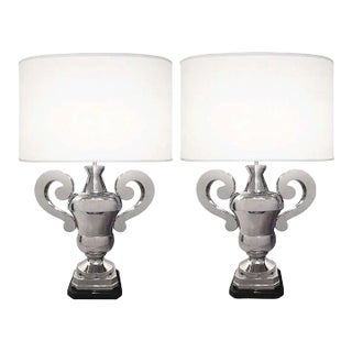 Pair of Hollywood Regency Polished Nickel Table Lamps, Large Urns For Sale