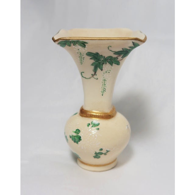 Off-white Late 19th Century Japanese Satsuma Miniature Vase With Green Leaves and Branches, and Beautiful Flowers in Relief in White For Sale - Image 8 of 18