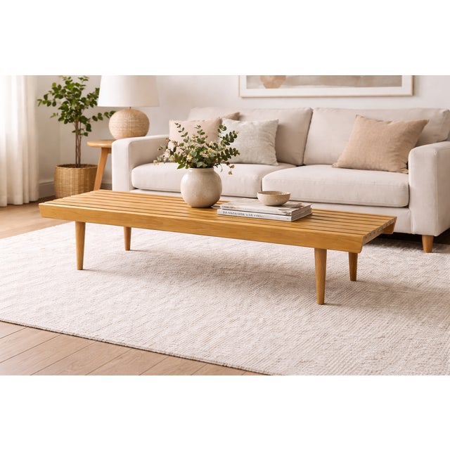 Handmade Mid Century Modern OAK SLAT BENCH / COFFEE TABLE. Crafted from high quality oak, the bench showcases a rich,...