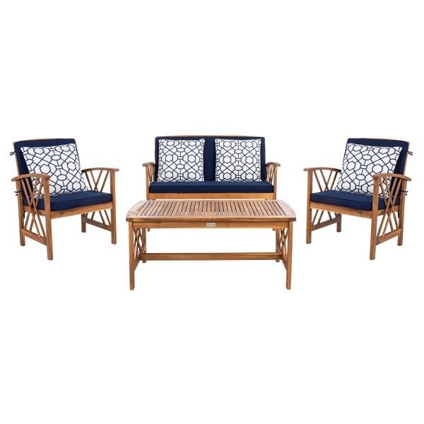 Fontana 4-Piece Outdoor Set, Natural/Navy Cushion With Blue & White Mosaic Pillows For Sale - Image 10 of 10