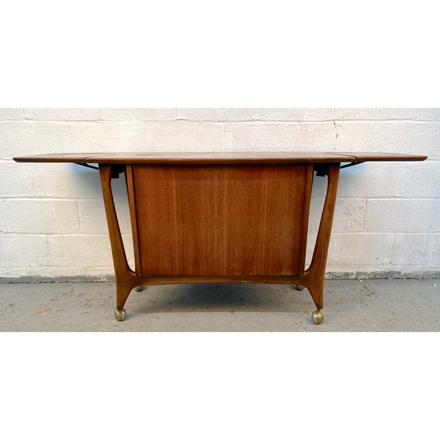 Sculpted Mid-Century Rolling Drop-Leaf Walnut Bar Cart For Sale - Image 12 of 17