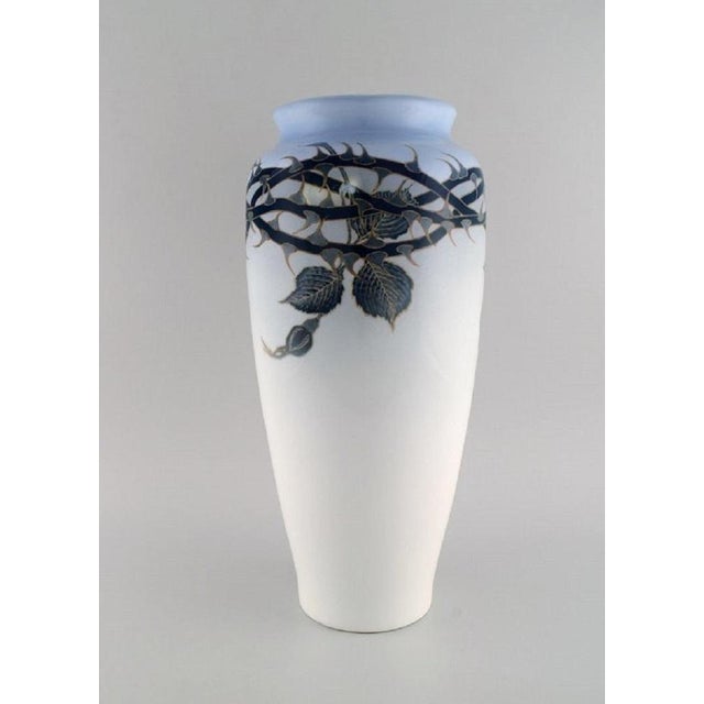 Bertha Nathanielsen for Royal Copenhagen. Large unique Art Nouveau vase in hand-painted porcelain. White rose with thorns....