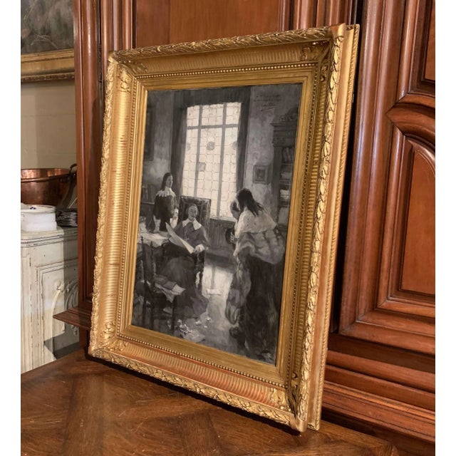 Wood 19th Century French Black and White Painting in Gilt Frame Signed Leon Fauret For Sale - Image 7 of 13