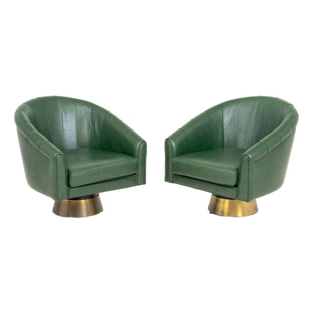 Borgade Green Leather Swivel Tub Chairs, Pair For Sale