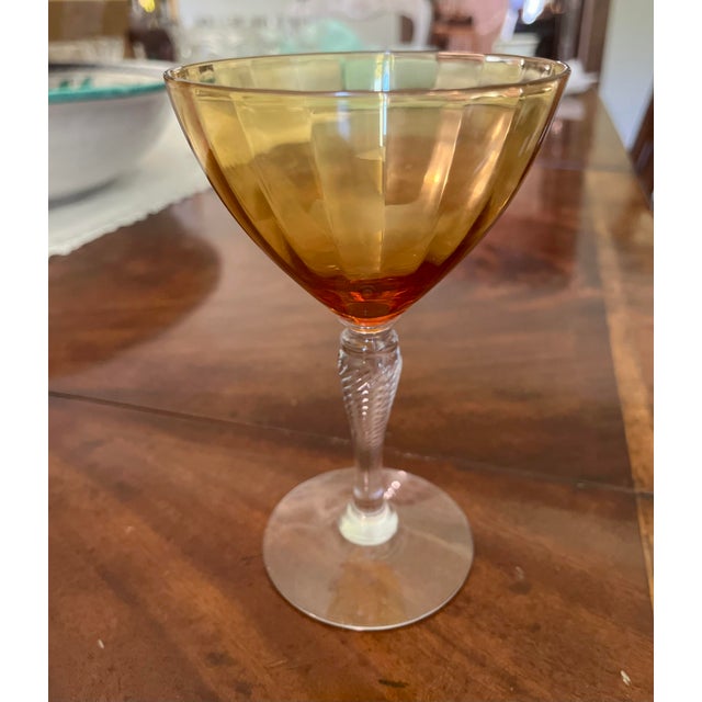 1930s Mid-Century Cambridge Glass Amber & Clear Stem Champagne Coupes - Set of 7 For Sale In Dallas - Image 6 of 18