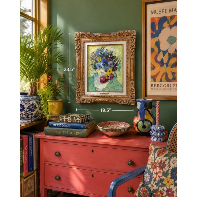 A lush, heavily-impastoed floral still life by Mary Beich (American/French, 1917–2002), signed “Beich” lower right in a...