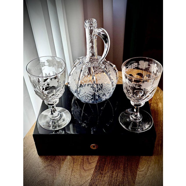 Antique Engraved Glass Claret Jug with Crystal Wine Goblets, 1890s, Set of 3 For Sale - Image 17 of 18