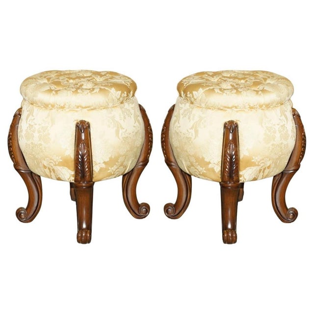 Set of Vintage Chesterfield Tufted Floral Upholstered Stools with Carved Frames For Sale - Image 12 of 12