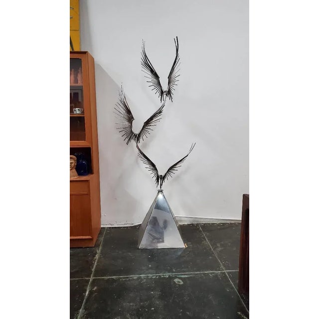 Curtis Jere "Birds at Flight" Chrome Metal Sculpture With Trapezoidal Base For Sale In Los Angeles - Image 6 of 12