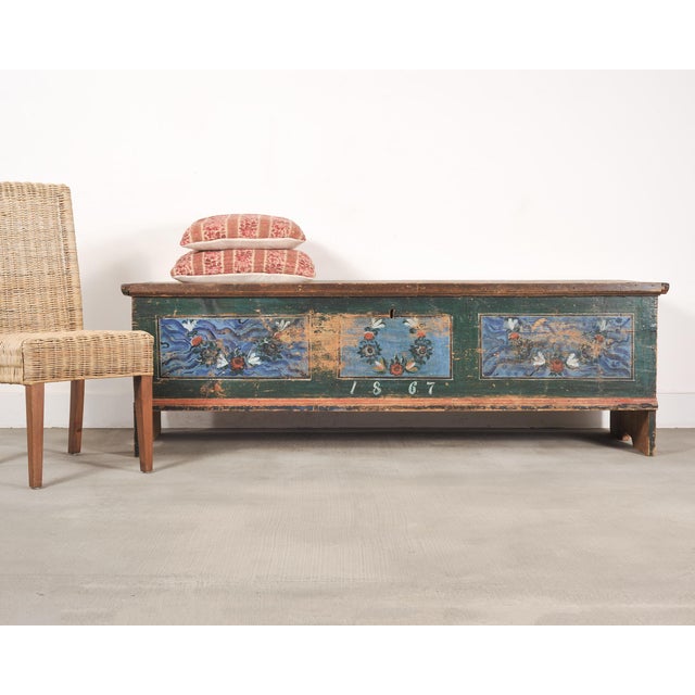 A charming 19th century Scandinavian Country Swedish Folk Art painted blanket chest, marriage chest, dowry chest, coffer,...