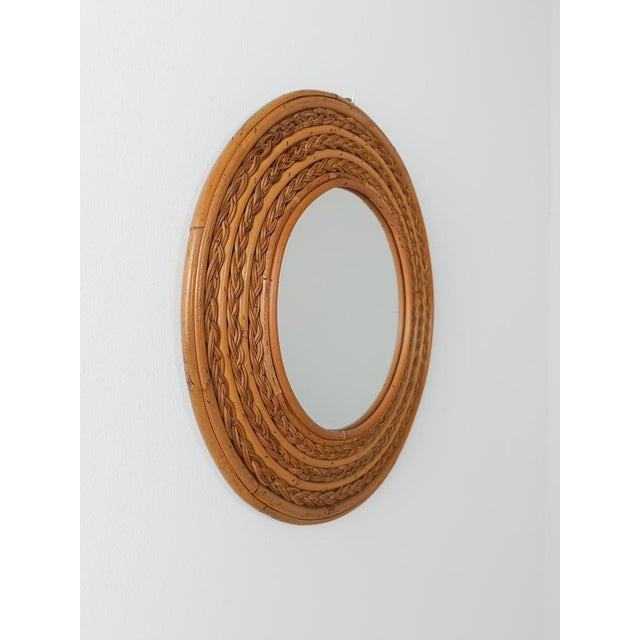 Brown Vintage Riviera Round Mirror in Curved Canes and Rattan Core Braids, Italy, 1970s For Sale - Image 8 of 10