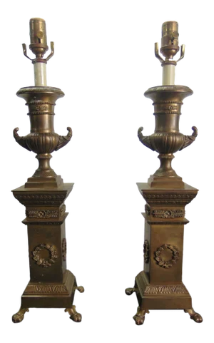 Classical Style Brass Urn & Pedestal Lamps - a Pair