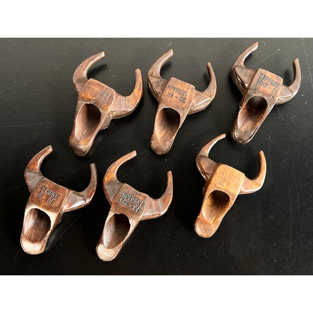 Brown Vintage 1950's Water Buffalo / Bull Head Carved Wood Napkin Rings - Set of 6 For Sale - Image 8 of 9