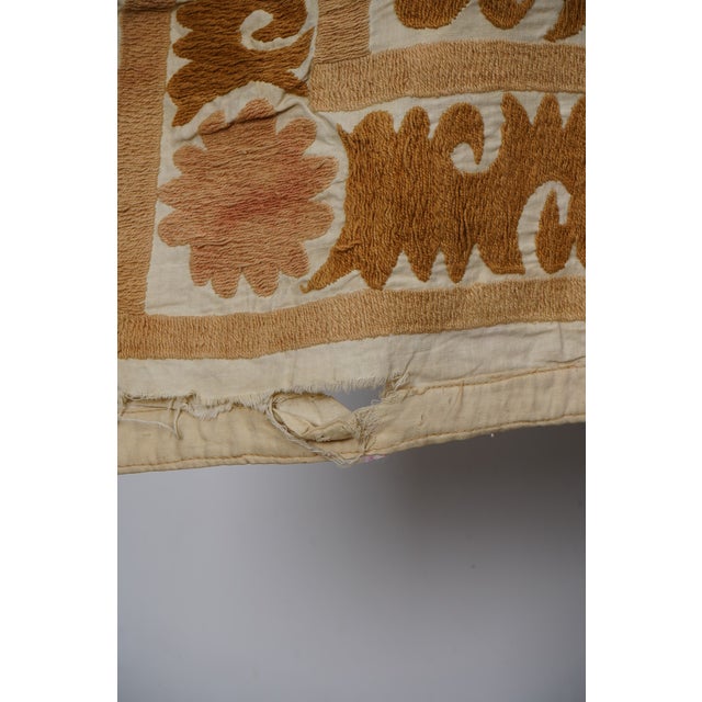 Copper Suzani Wall Hanging, Mustard Green Red Uzbek Hand Embroidery 4'2'' X 4'5'' For Sale - Image 8 of 10