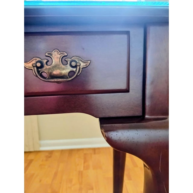 Mid-Century Modern 1980s-Style Writing Desk, Made of Wood With Two Drawers and Protected by a Glass Top. For Sale - Image 3 of 3