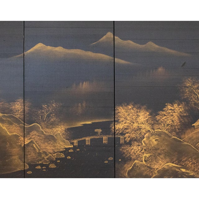 1960s Shōwa Era Japanese Monochrome Byobu Screen on Black Silk Background For Sale - Image 4 of 15
