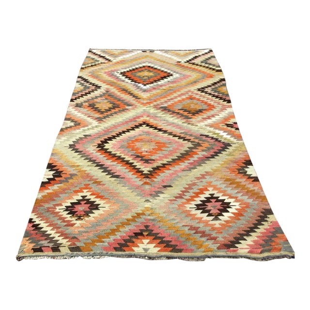 Vintage Diamond Design Turkish Kilim Rug - 68" X 116.5" For Sale