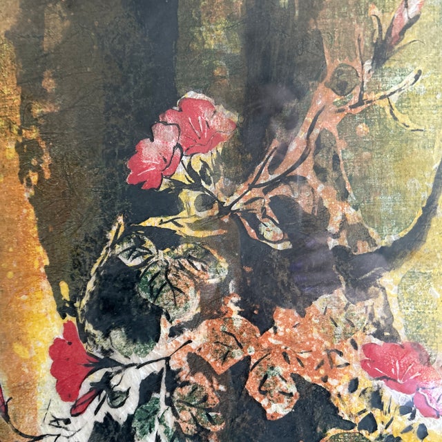 1970s Lebadang Signed Lithograph on Handmade Paper, Titled, Red Blossoms on Orange For Sale - Image 4 of 7