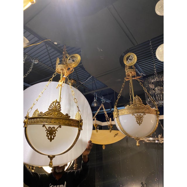 Opaline Glass Bronze Chandelier Light Fixtures For Sale - Image 4 of 5