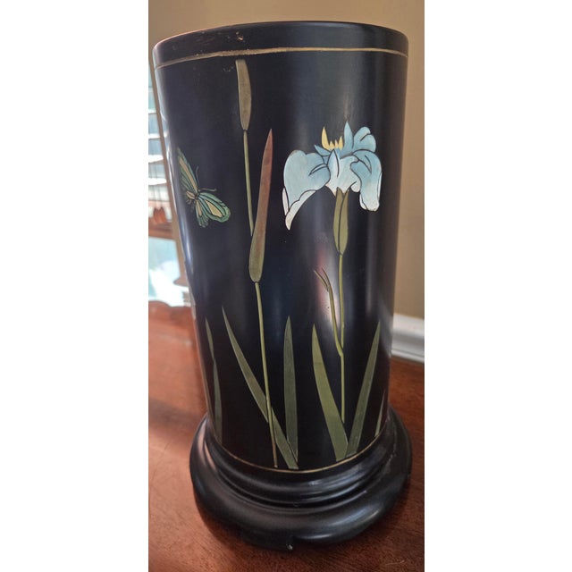 Beautiful black pedestal with flowers and butterflies in carved relief. Lovely colors and detail. Perfect smaller plinth...