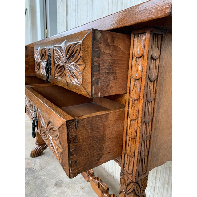 19th Century Catalan Spanish Carved Walnut Console Sofa Table, Four Drawers For Sale - Image 11 of 18