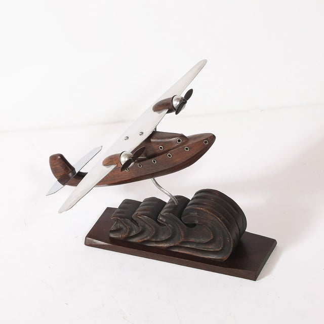 Art Deco Anthoine Art Bois Carved Wood and Metal Seaplane Model on Stand For Sale - Image 13 of 14
