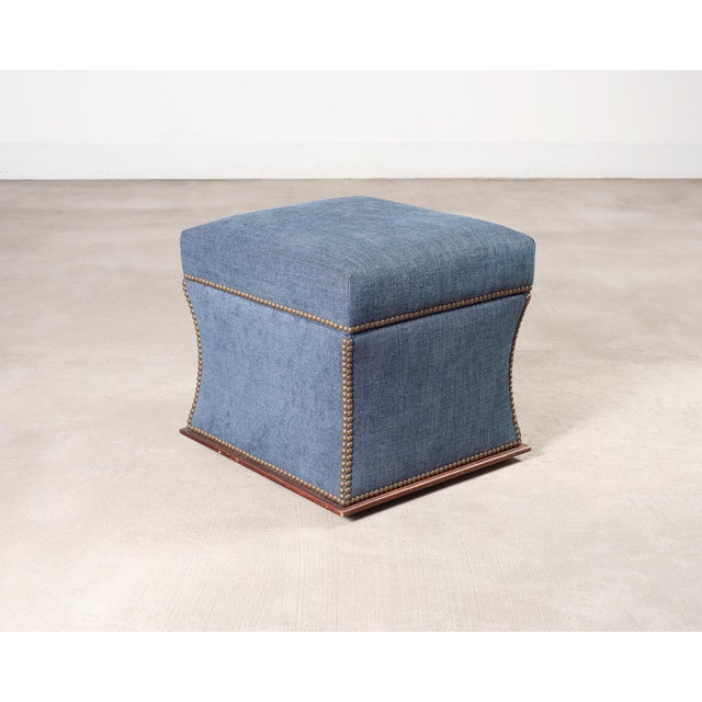 Wood Ralph Lauren 'Florence' Storage Ottoman in Damask Blue Linen For Sale - Image 7 of 18