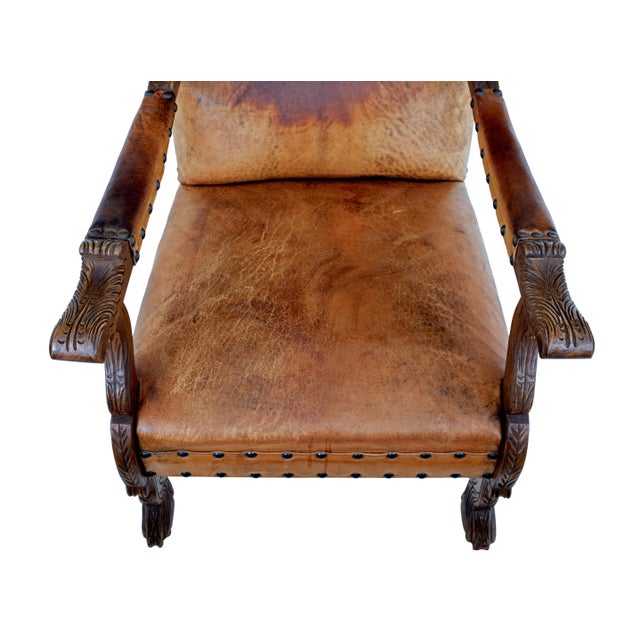 Carved Oak and Leather Armchairs, 1890, Set of 2 For Sale - Image 3 of 10