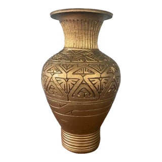 Carved Gold Painted Terra Cotta Vase For Sale