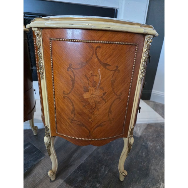 Wood Antique Pair of Louis XV Marble-Top French Commodes / Nightstands For Sale - Image 7 of 13