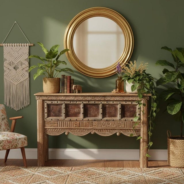 Vintage Ornate Carved Wood Console Table With Iron Stud Accents – Statement Entryway Piece 52 For Sale In Orlando - Image 6 of 6