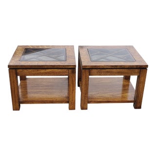 Vintage Glass Top End Table Burled Walnut Finish - A Pair For Sale