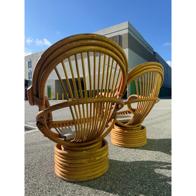 Vintage Rattan Swivel Rocker Lounge Chairs and One Ottoman Set For Sale - Image 4 of 18